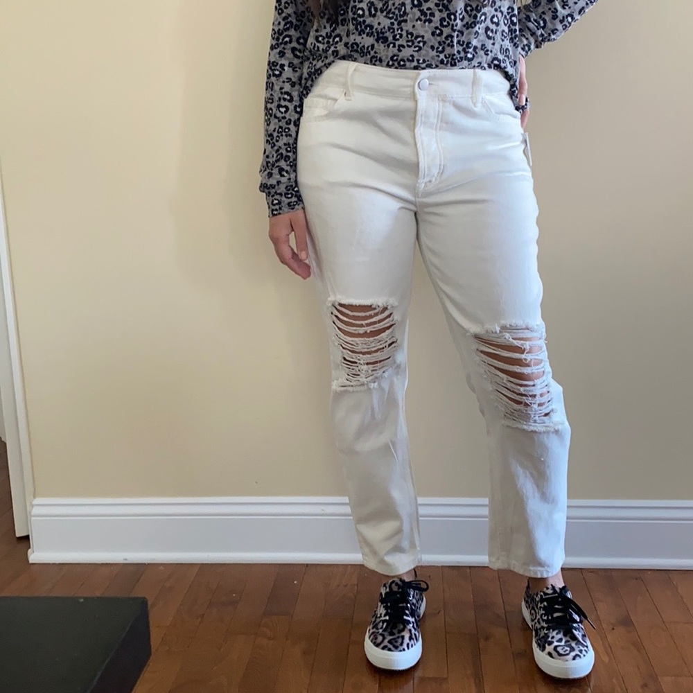 AFRM White Luisa Distressed High Rise Ankle Jeans